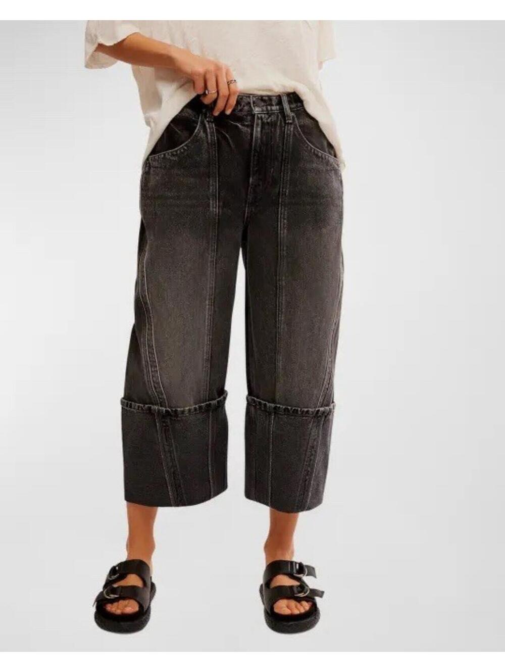 Free People Olsen Cuffed Crop Barrel Jeans We The Free Taper Barrel Black 27 NWT